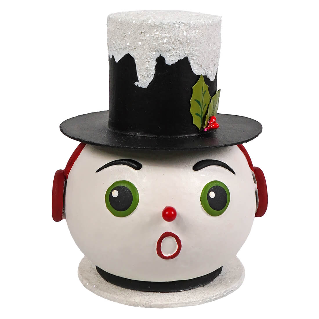 Vintage surprised snowman container with green eyes red nose wearing black top hat fits johanna parker container category