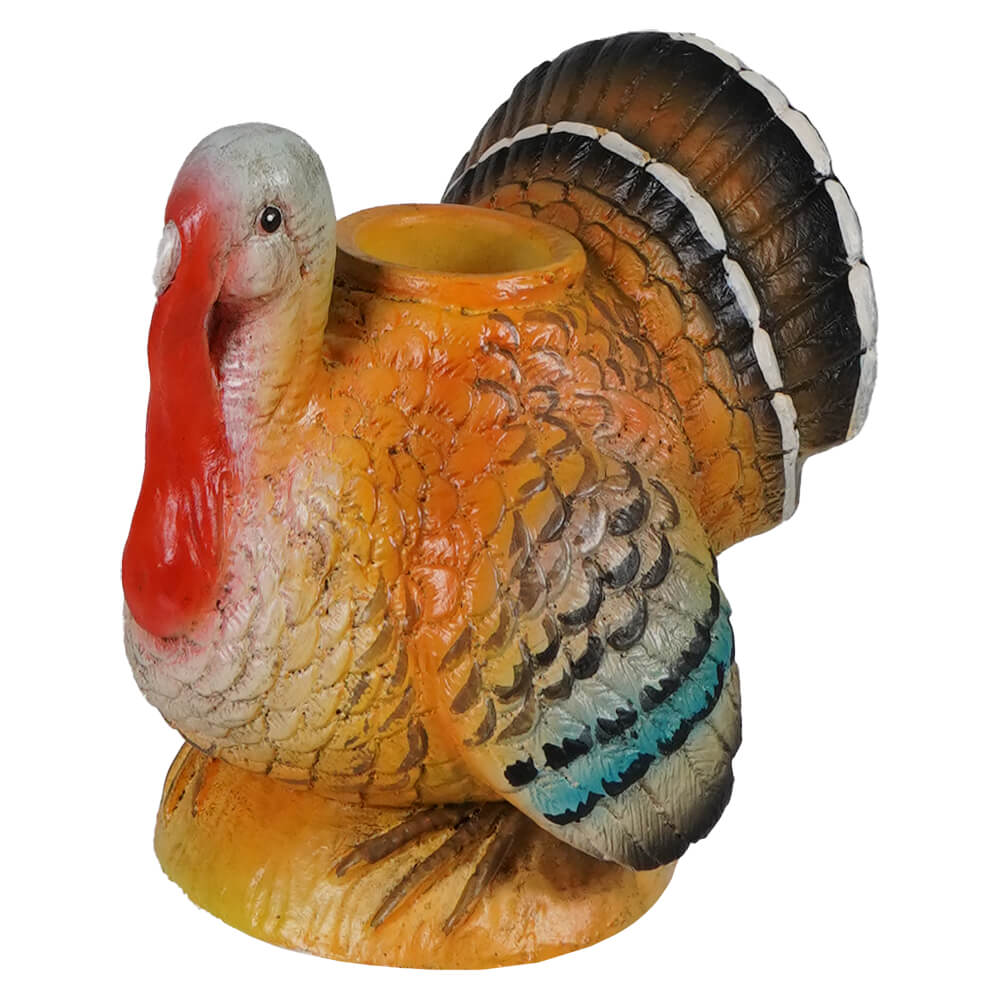Colorful textured vintage turkey candlestick planter with hollow body and detailed feathers by bethany lowe design