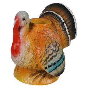 Colorful textured vintage turkey candlestick planter with hollow body and detailed feathers by bethany lowe design