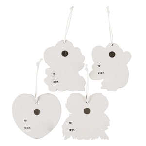 White wooden vintage valentine ornaments shaped like hearts angels and cherubs with to and from for kathy valentine day