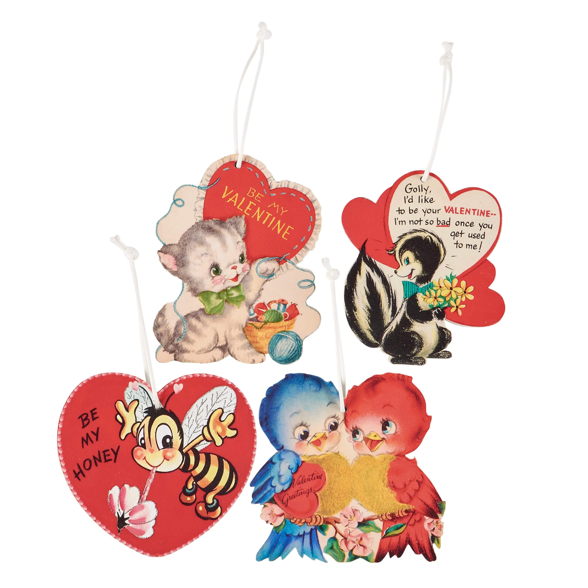 Vintage valentine ornaments set of 4 red heart paper cutouts with cartoon kitten skunk bee and birds by kathy valentine
