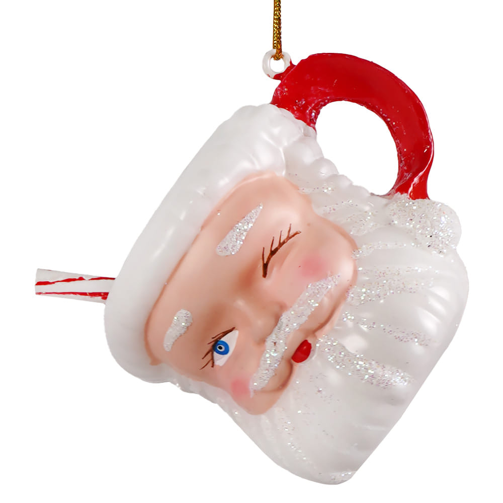 Vintage winking santa mug glass ornament in red and white with glitter candy cane and gold loop cody foster ornament
