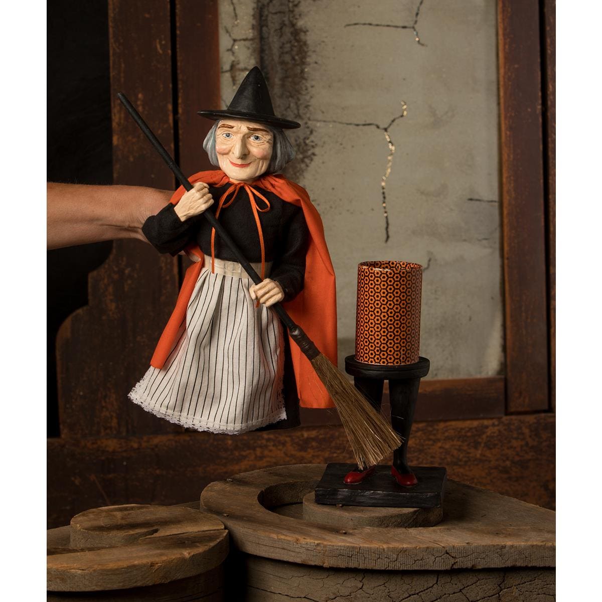 Vintage Witch Holding Broom Container - Halloween