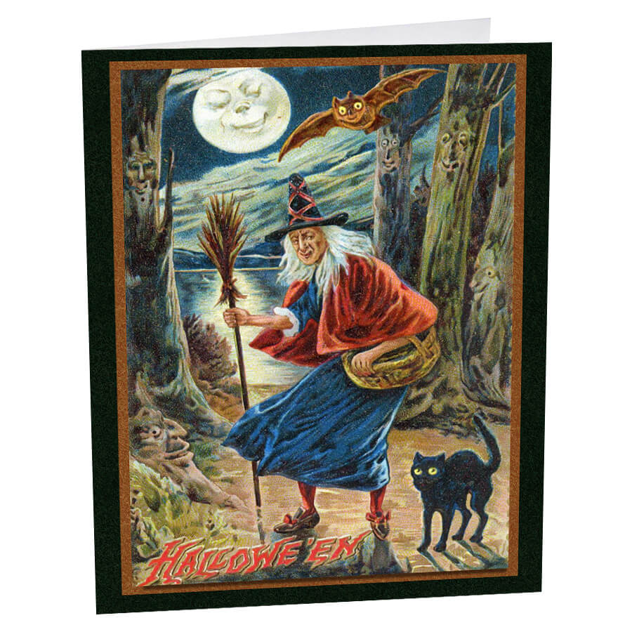 Vintage Halloween-themed illustration featuring a witch with a broom, black cat, and flying bat under a full moon.