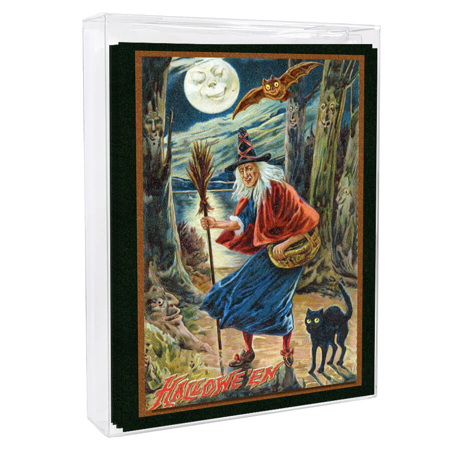 Framed painting of a witch with a broom and black cat under a full moon.