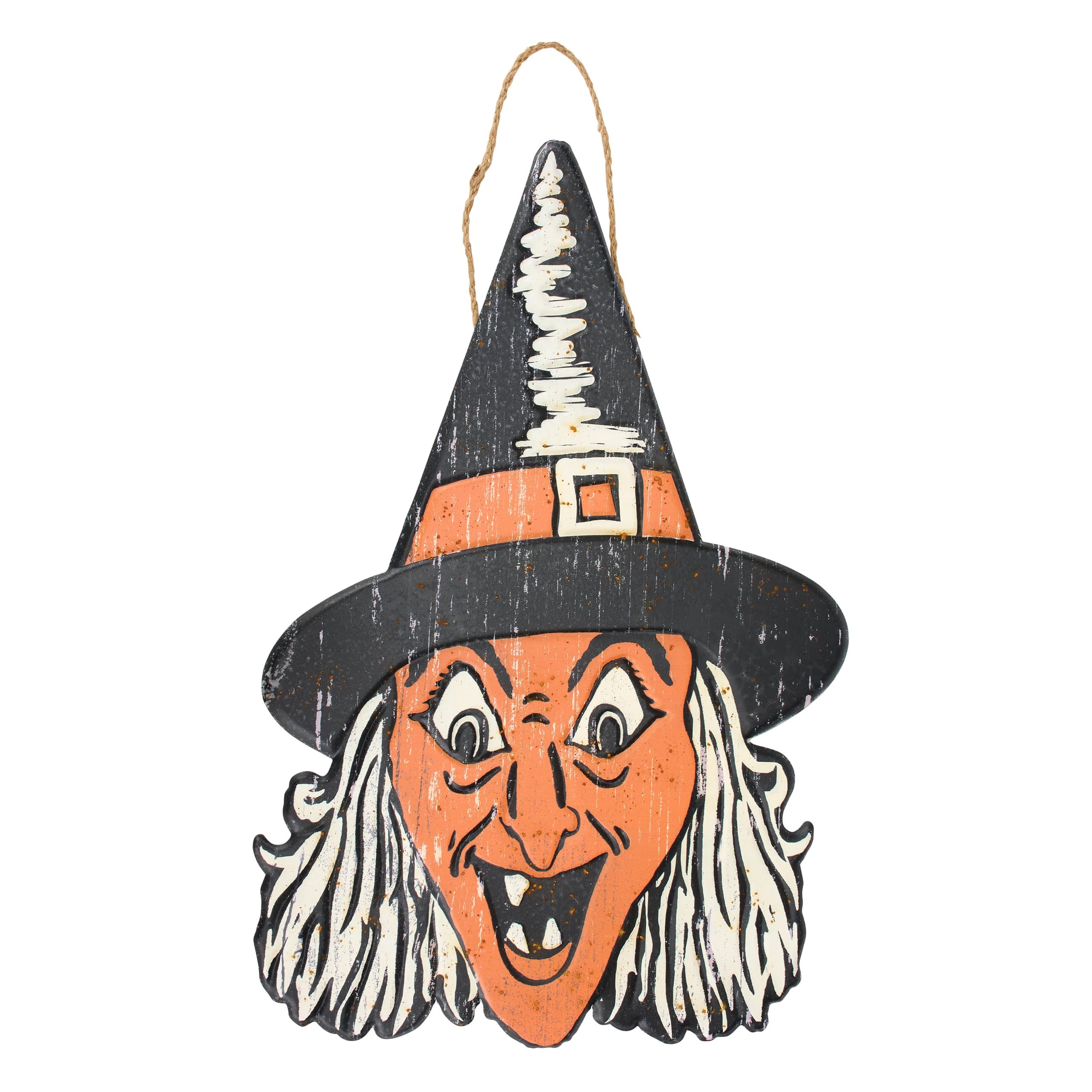 A rustic wooden vintage witch wall decor with a black pointed hat and vibrant orange and black painted face