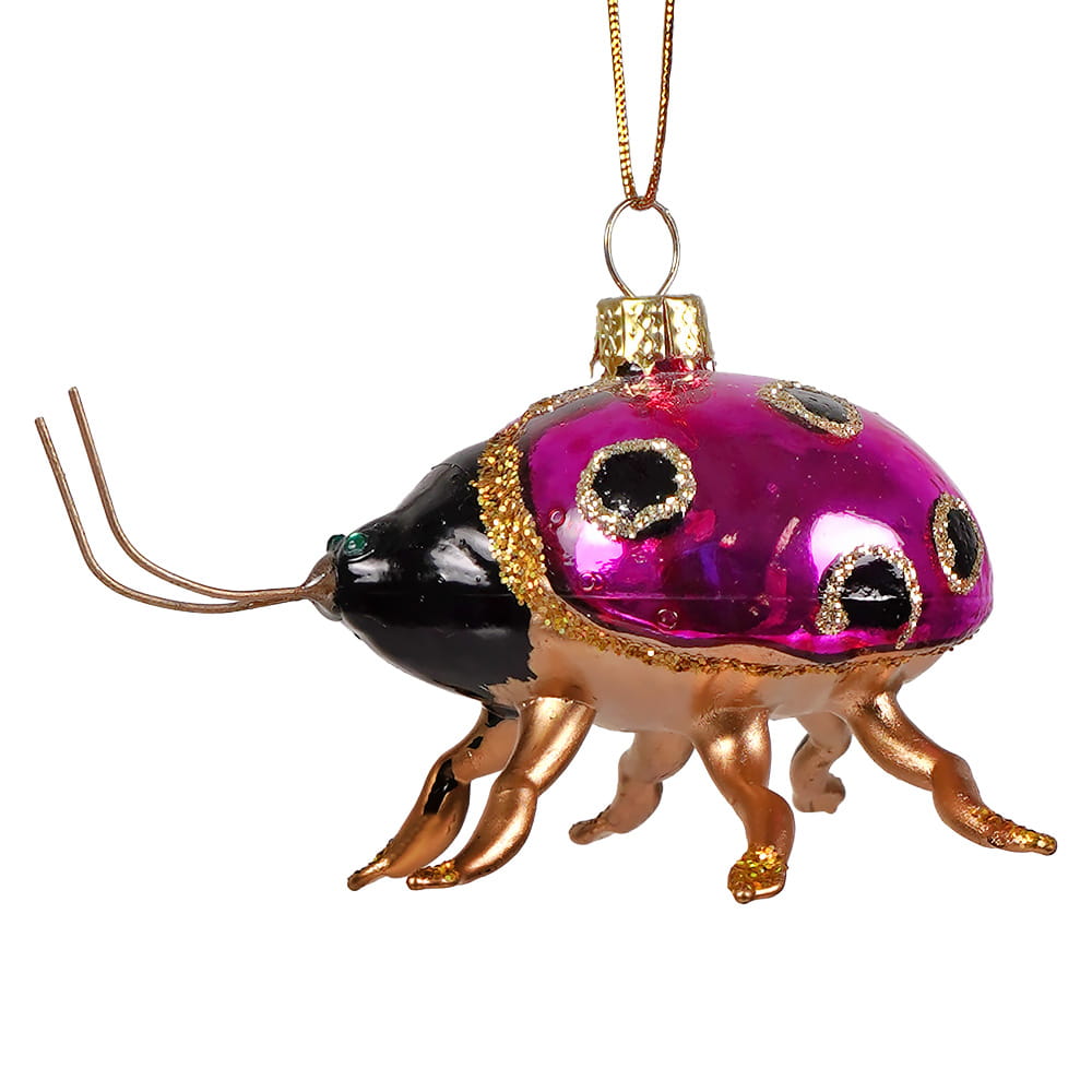 Vibrant violet black and gold garden ladybug glass ornament with gold glitter rhinestone eyes and metallic legs beetle ornament cody foster ornament