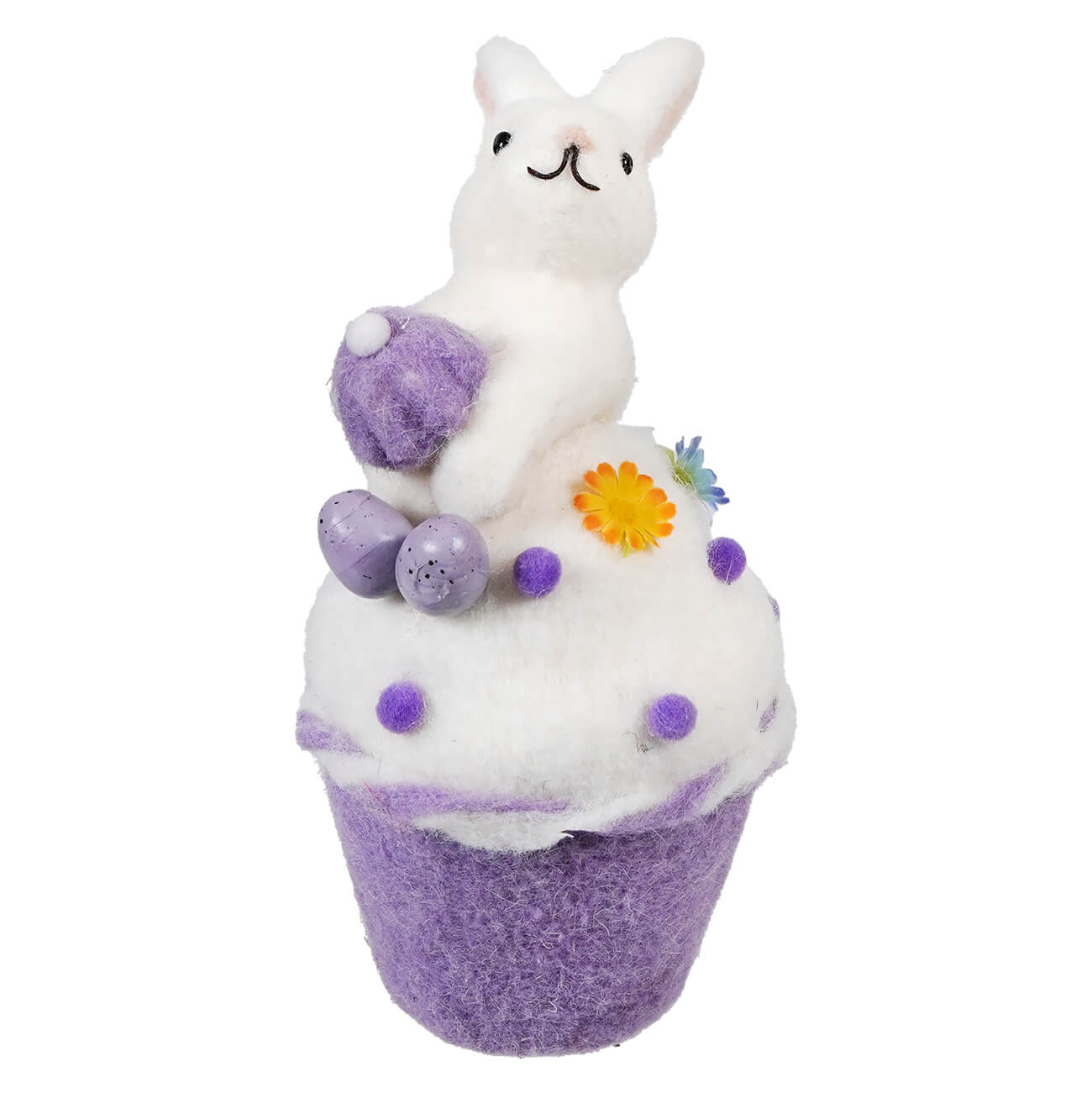 Purple and white cupcake-shaped bath bomb decorated with a bunny on top.