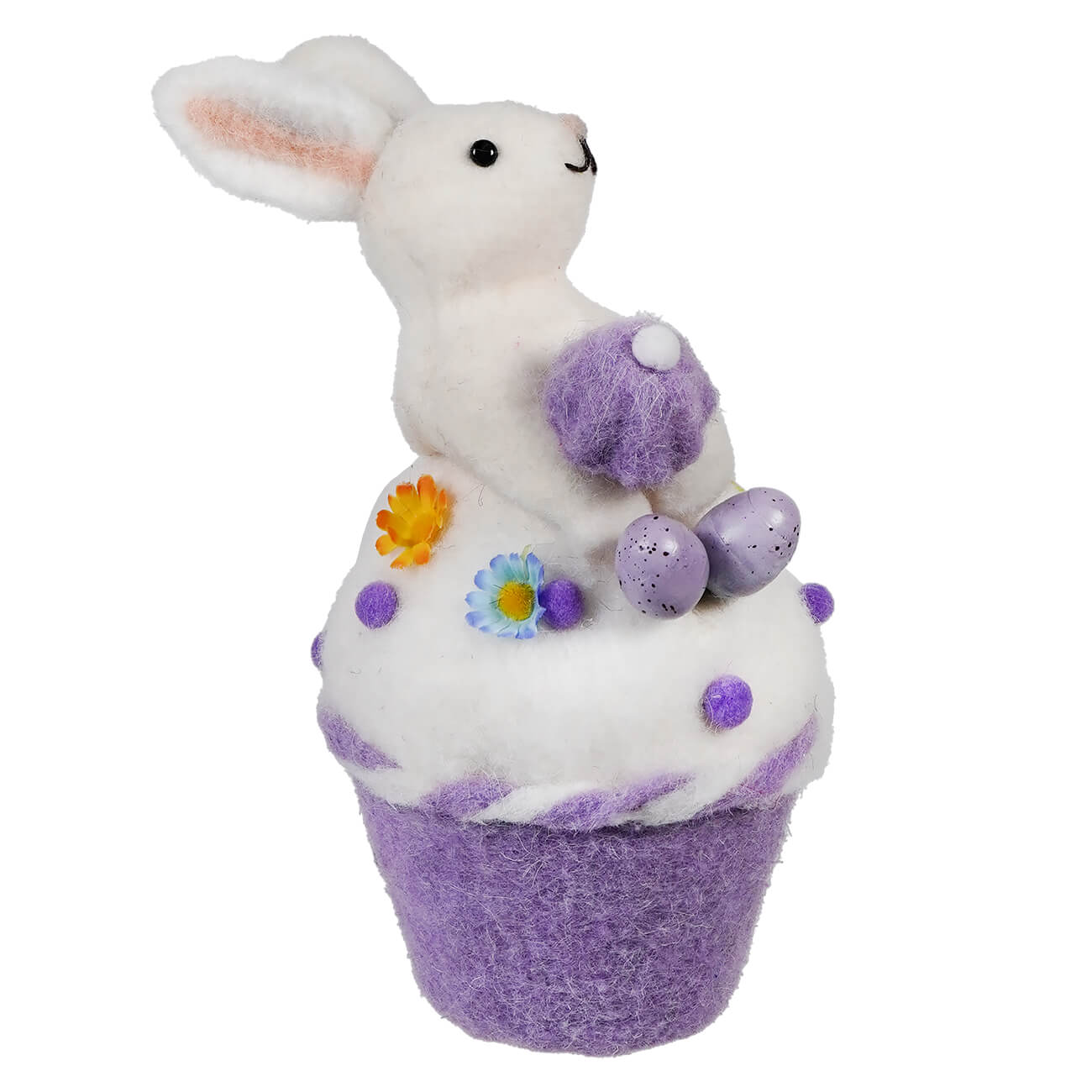 White bunny decorative cupcake ornament with purple accents and Easter eggs.