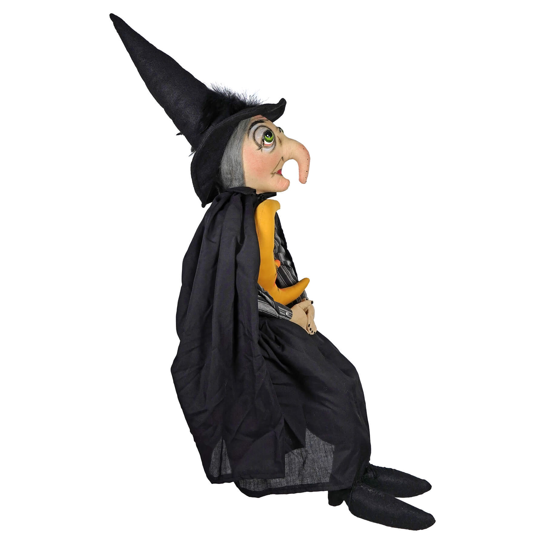 Viviana plush witch figurine with tall black hat gray hair and orange patterned bodice from joe spencer halloween dolls and decor