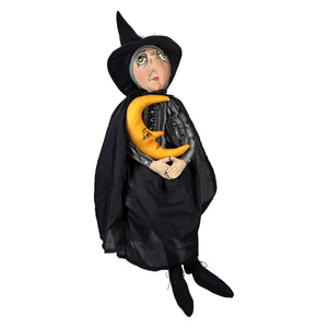 Viviana witch doll in black hat and robe holding yellow crescent moon perfect for joe spencer halloween dolls and decor