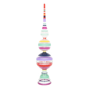 Vivid vintage decorated 13 inch glass finial stand featuring colorful translucent stacked striped spheres and tapered top