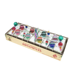 A vivid vintage icicle ornaments set with 20 colorful glass christmas confetti shape figural decor in red green blue and more