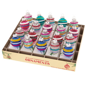 Box of vivid vintage striped glass christmas tree ornaments including vintage striped tinsel and tinsel round ornaments