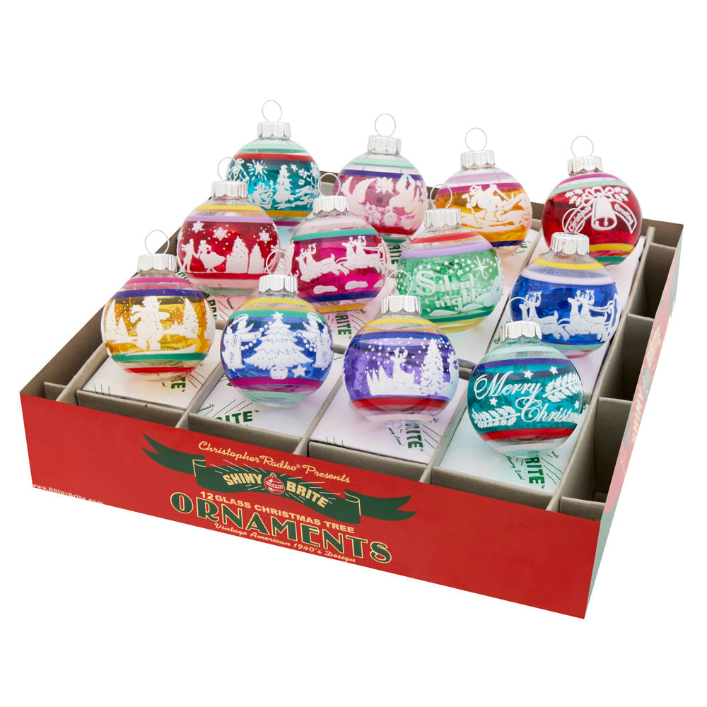 A set of 12 vivid vintage decorated shape ornaments in colorful glass with silver caps for holiday decorating