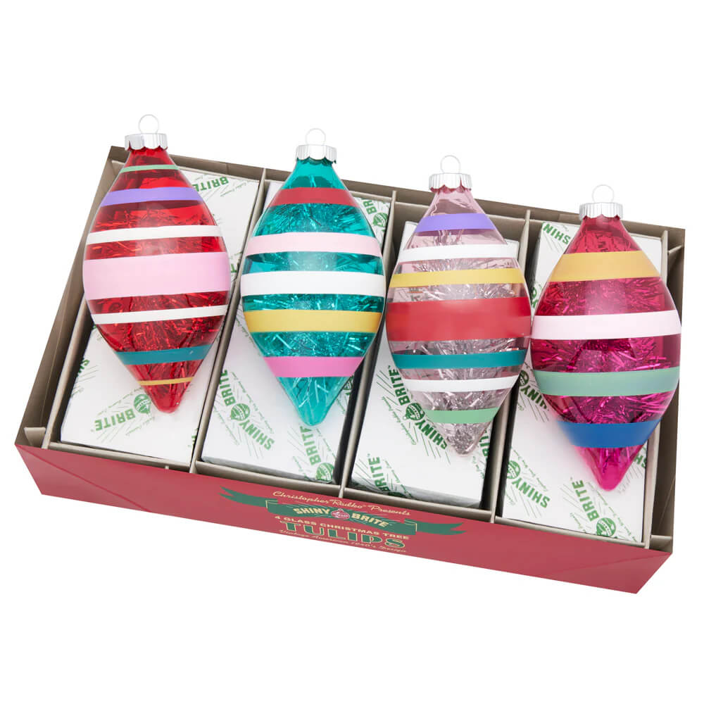 Vivid Vintage Striped & Tinsel Tulip Ornaments Set/4 - Ornaments