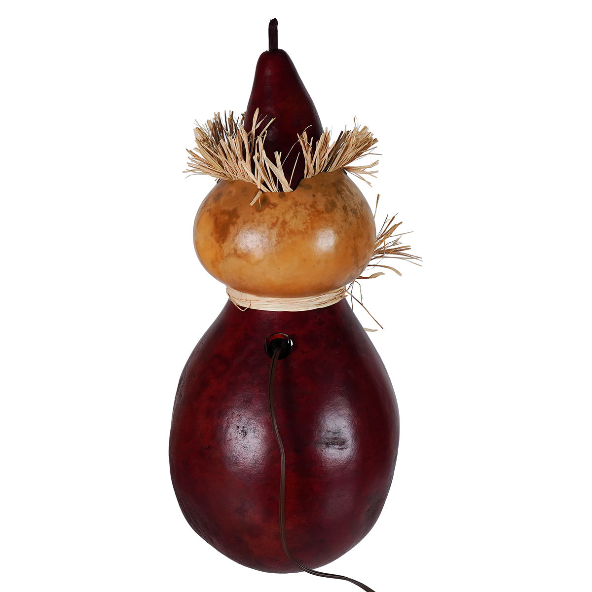 Rustic extra large lighted scarecrow gourd lamp by warehime with burgundy and tan tiers topped with dried straw