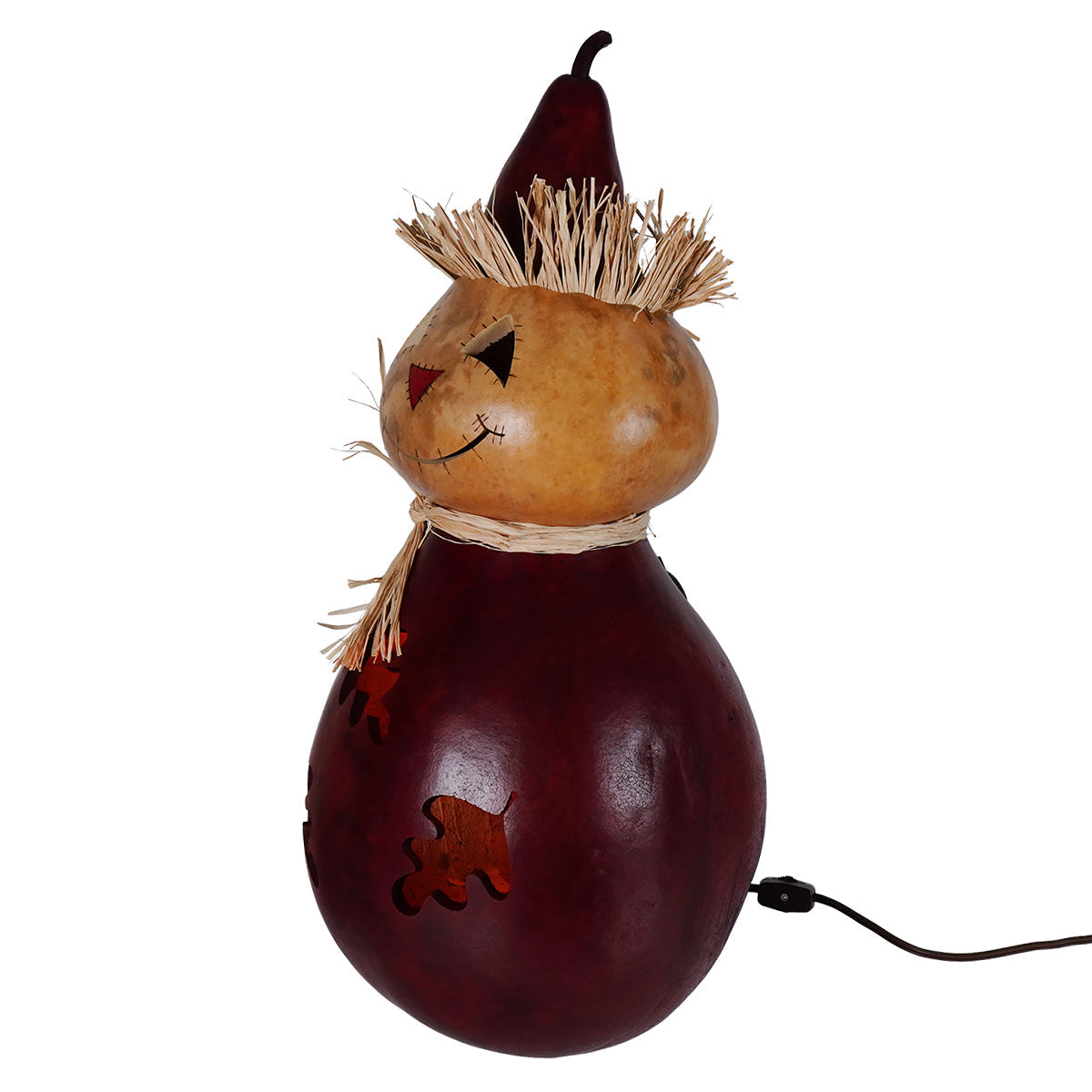 Warehime extra large lighted scarecrow gourd lamp with tan and maroon colors straw hair and autumn leaf cutouts