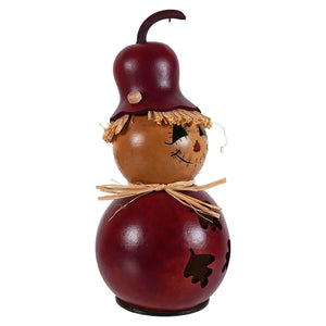 Rustic warehime scarecrow gourd figurine made of painted gourds with maroon hat and leaf cutout figural decor by meadowbrooke gourds