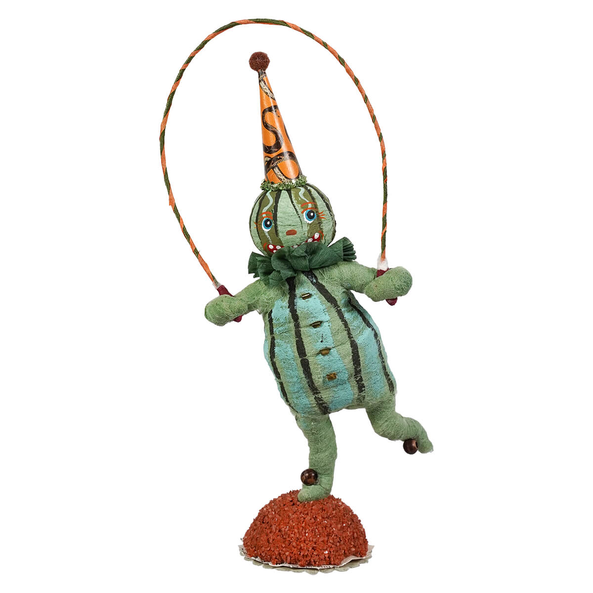 Handcrafted folk art scared pumpkin figure with green stripes and orange black hat made of paper mache spun cotton head