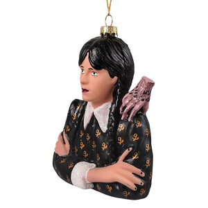 Black glass wednesday addams glass ornament by cody foster featuring her bust with pigtails and gold symbols