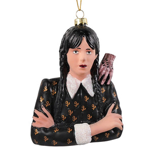 Black glass wednesday addams glass ornament by cody foster featuring her bust with braided hair and gold dress details