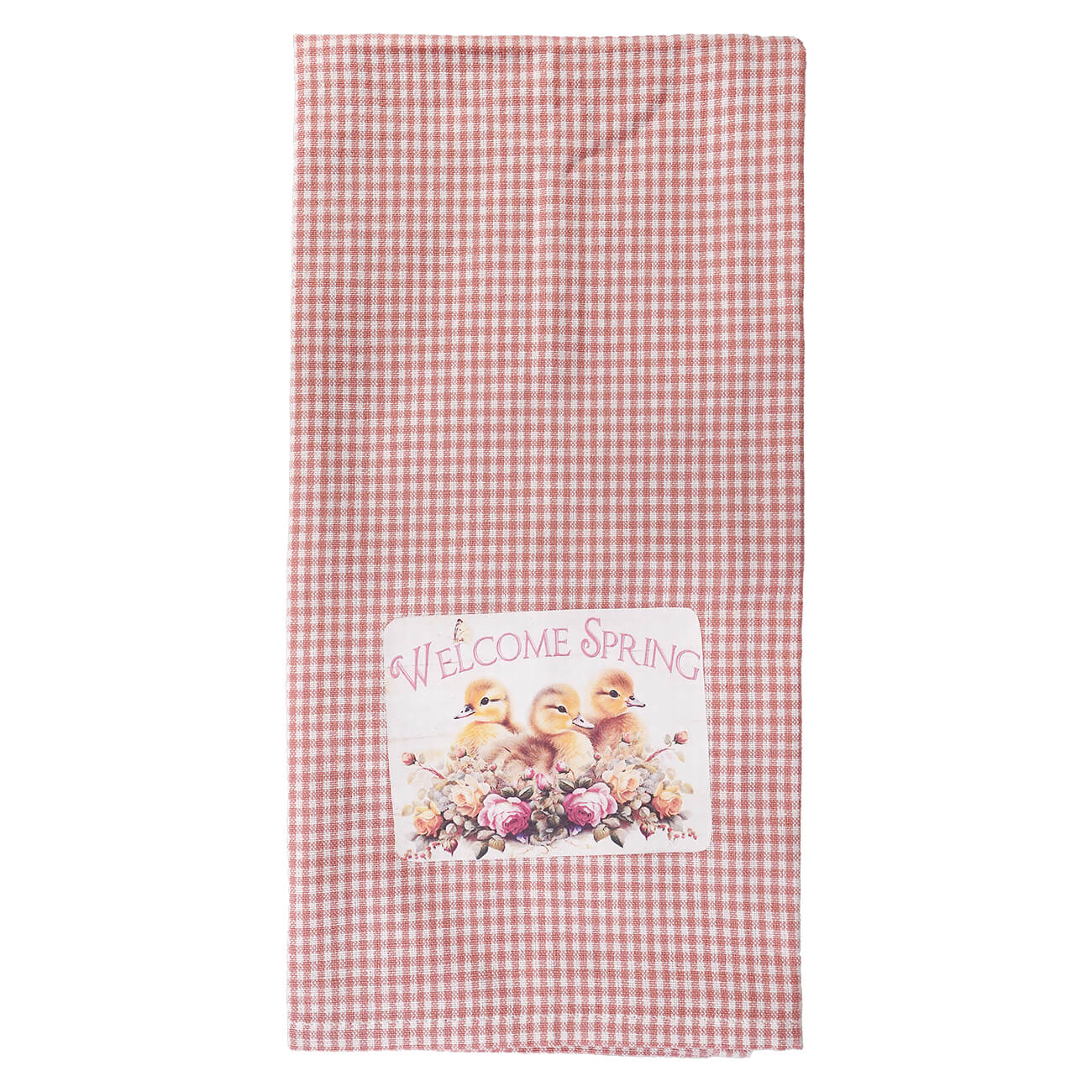 Pink and white gingham spring towel with welcome spring patch featuring yellow ducklings and pink roses