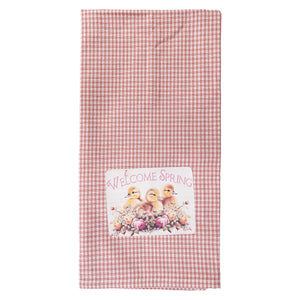 Pink and white gingham spring towel with welcome spring patch featuring yellow ducklings and pink roses