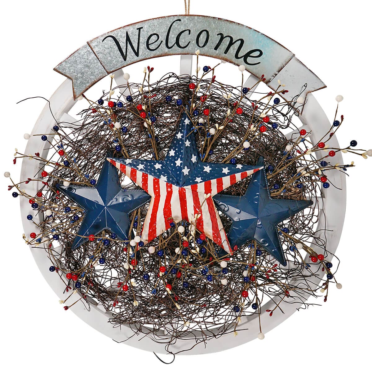 Wood Wall Sign With Americana Wreath & Metal Stars