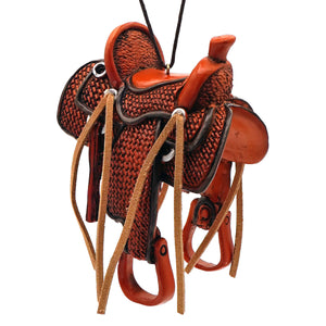 Rustic orange and brown leather western braided saddle ornament with detailed stitching metal accents and dangling straps