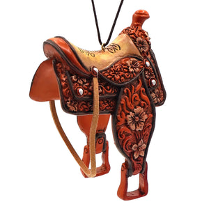 Ornamental red and gold western saddle with floral carvings and pearl-like details perfect for kurt adler tree toppers