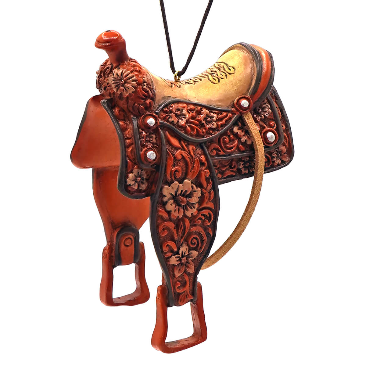 Western saddle ornament by kurt adler in red and gold with floral tooling and pearl studs, perfect for tree toppers
