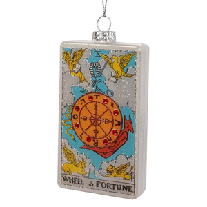 Wheel of fortune tarot card glass ornament with vibrant colors and red gems by cody foster planchette glass ornament