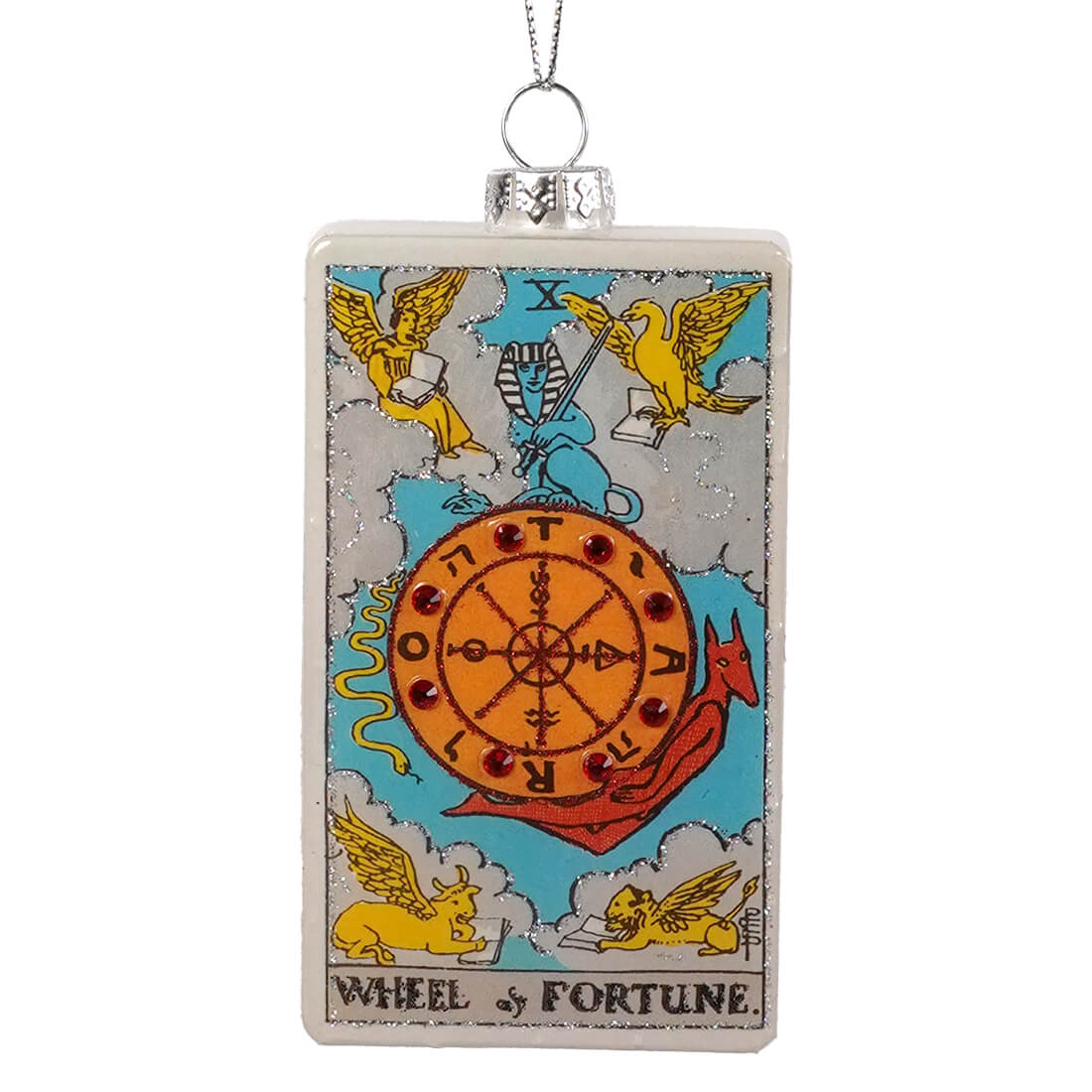 Rectangular glass ornament featuring wheel of fortune tarot design with silver glitter border by cody foster