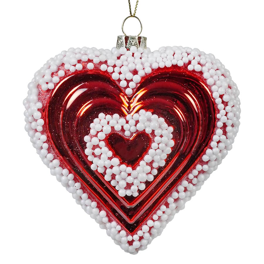 White Beaded Red Heart Ornament - Ornaments