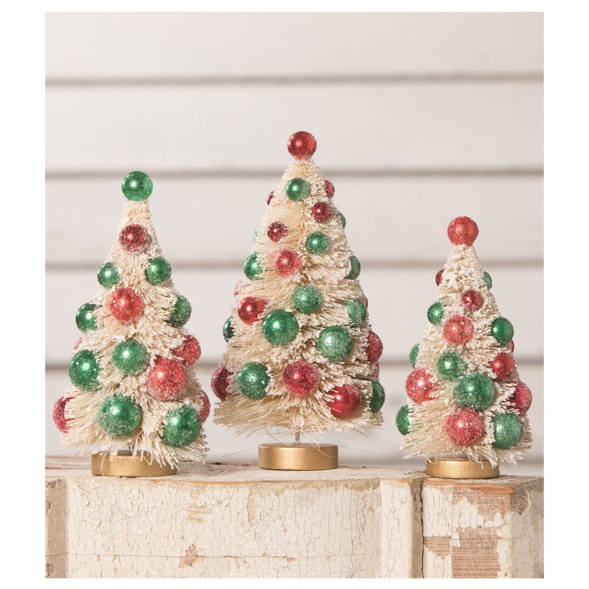 White Bottle Brush Trees with Red & Green Beads Set/3