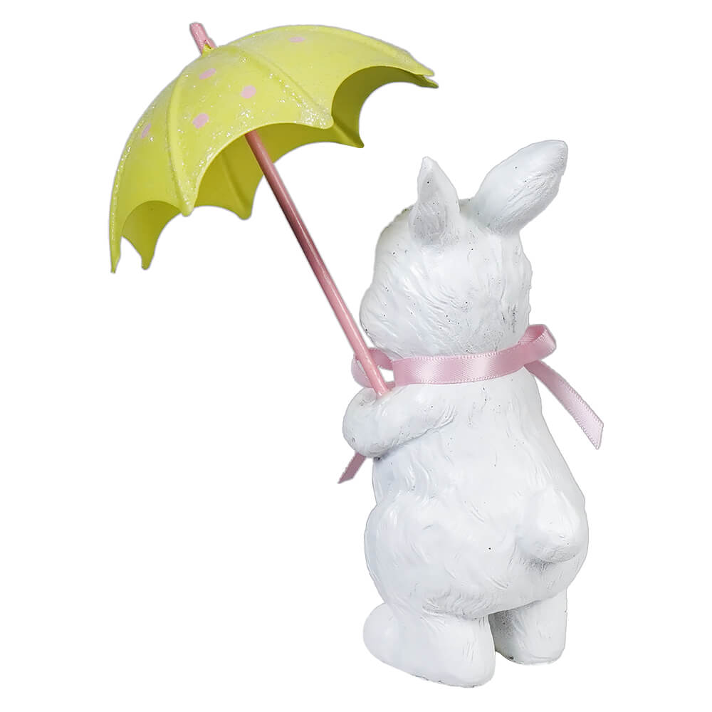 White bunny vintage easter bunny figural decor holding green umbrella with pink handle and yellow polka dots