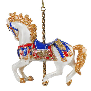 White classical horse carousel ornament with gold trim blue saddle and red gold blanket by kurt adler ornament