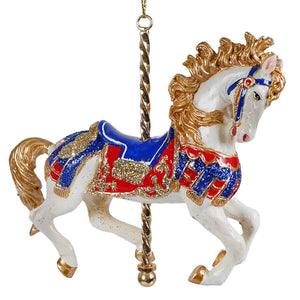 White classical horse carousel ornament by kurt adler features an ornate horse carousel ornament design in white finish