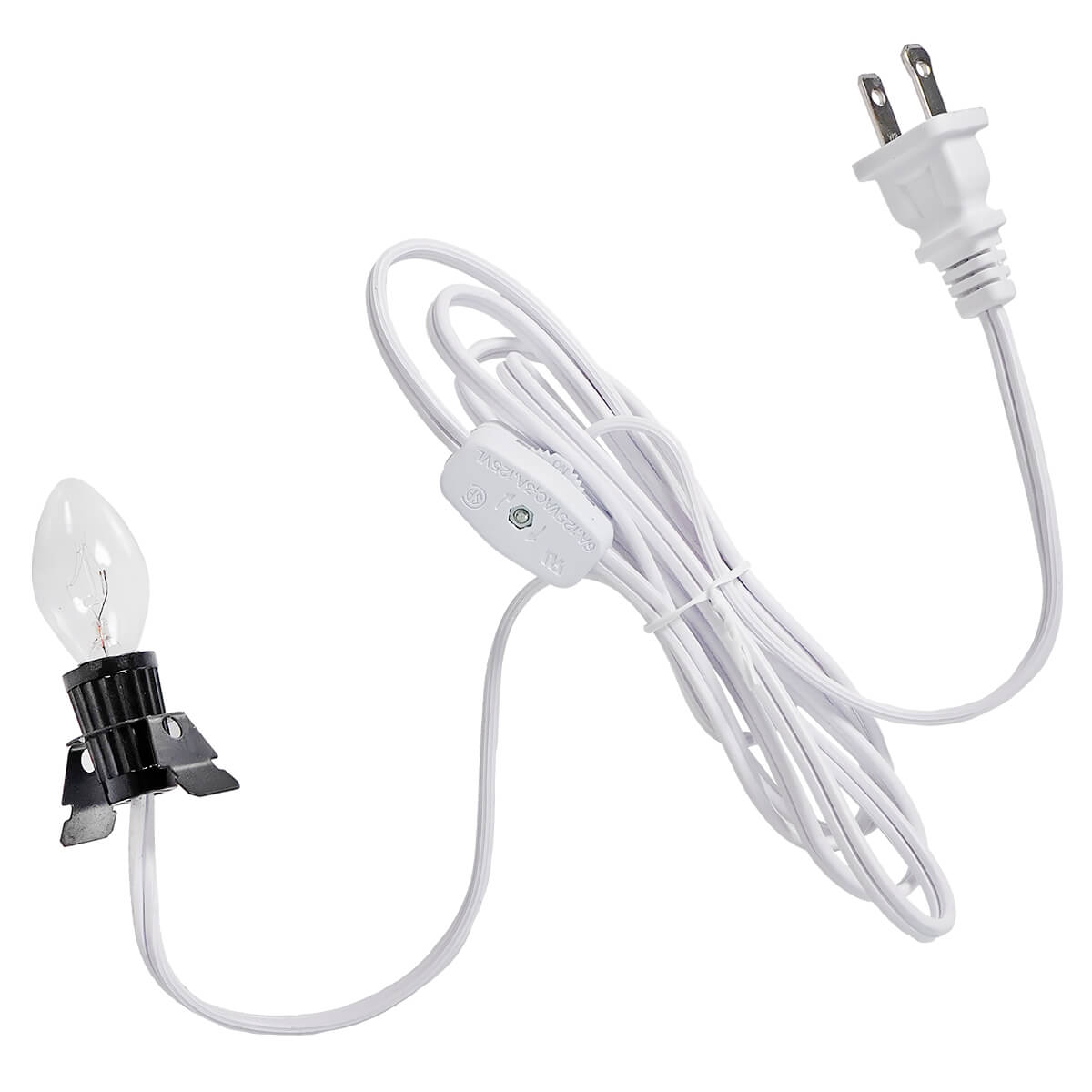 White electrical cord with a plug on one end and a light socket on the other.