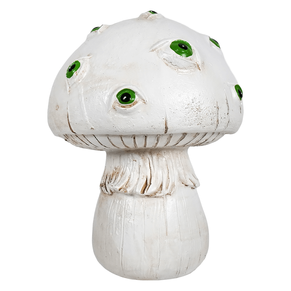 White creepy mushroom resin figurine with multiple green eyes perfect for spooky decor or collection