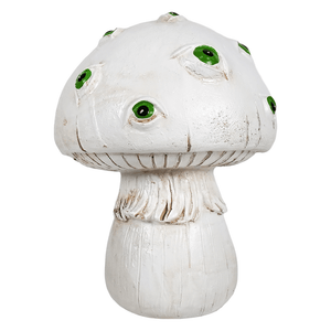 White creepy mushroom resin figurine with multiple green eyes perfect for spooky decor or collection