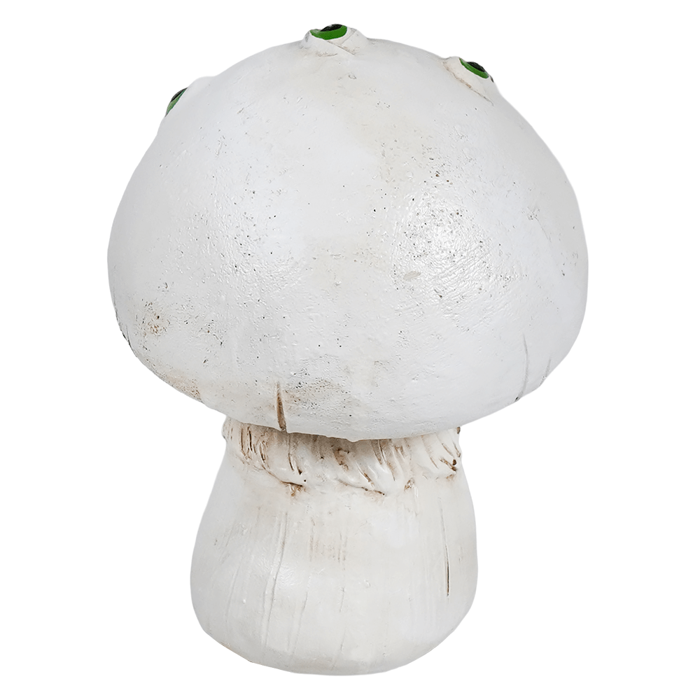 White creepy mushroom resin figurine with green plastic eyes and a detailed spooky design