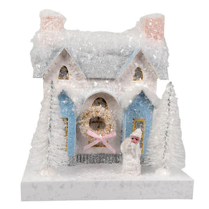 A cody foster white french villa christmas house ornament with snow dusting silver glitter roof and frosted pine trees