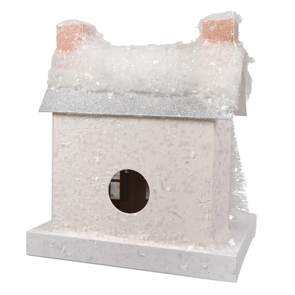 White french villa birdhouse by cody foster with white glitter, snow dusted roof, and pink chimney accents for christmas house decor