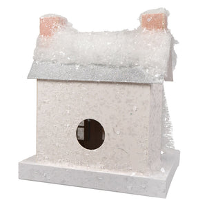 White french villa birdhouse by cody foster with white glitter, snow dusted roof, and pink chimney accents for christmas house decor