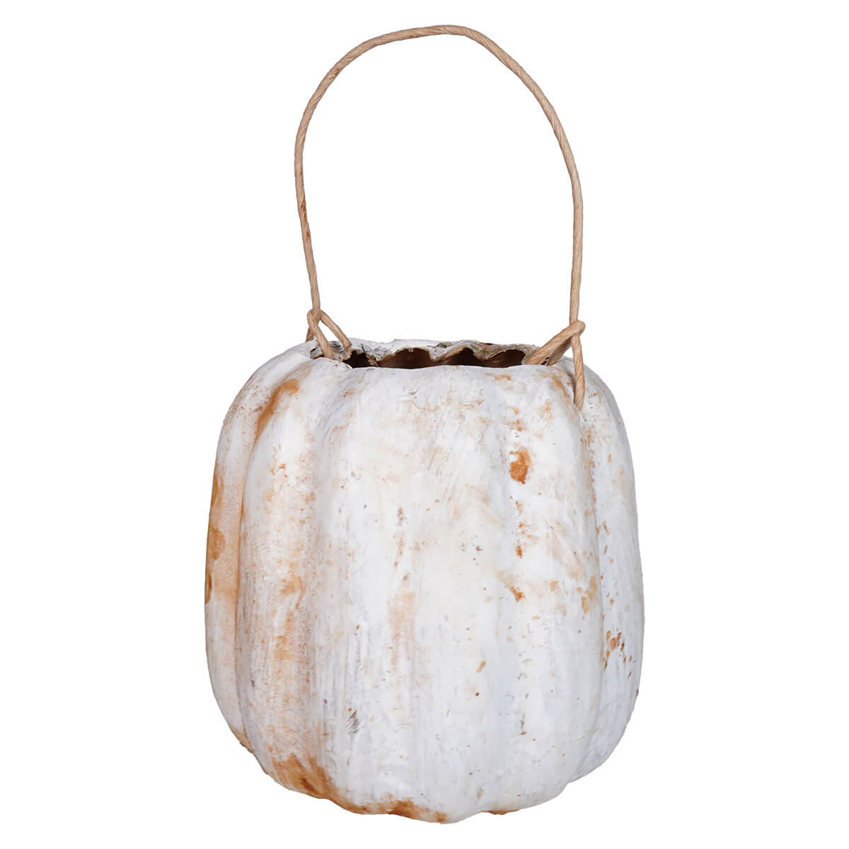 White ghost face pumpkin bucket with distressed white finish and natural twine handle handcrafted folk art design