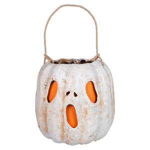 White ghost face pumpkin bucket with raggedy junction design handcrafted folk art white distressed lantern with twine handle