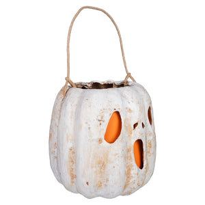 White ghost face pumpkin bucket with white distressed finish orange cut-out eyes mouth and twine handle handcrafted folk art