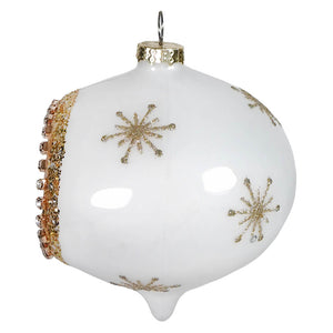 White and gold glass reflector snowflake onion ornament with gold glitter snowflakes and crystal band detail